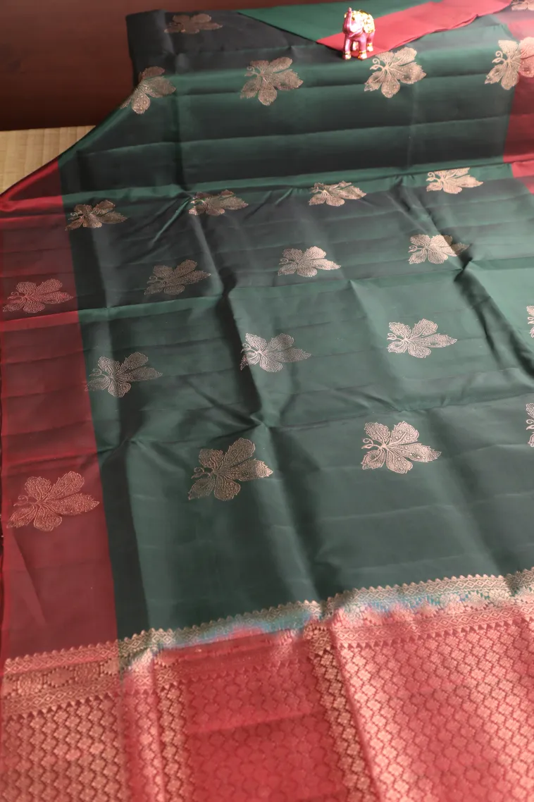 Bottle Green Soft Silk Saree with Gold Zari Flower Mottif view 2