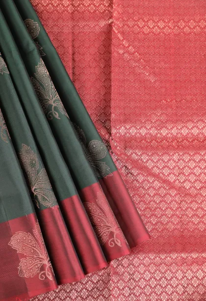 Bottle Green Soft Silk Saree with Gold Zari Flower Mottif