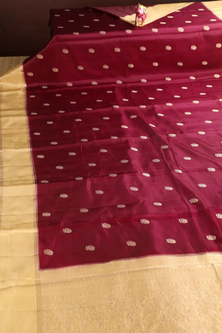 Berry Red Mysore Silk with Gold Zari Flower Mottif view 2