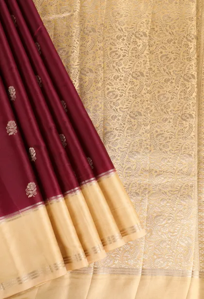 Berry Red Mysore Silk with Gold Zari Flower Mottif