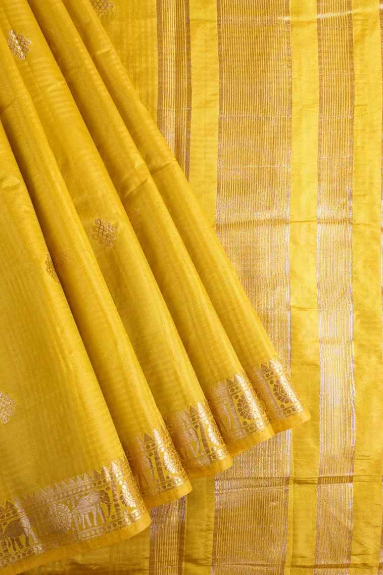 Lemon Yellow Raw Silk Sarees with Gold Zari Rangoli Pattren