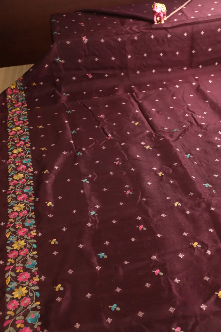 Sangria Red Manipuri Cotton Sarees with Thread Zari Buttis (small Dots Or Motifs) view 2