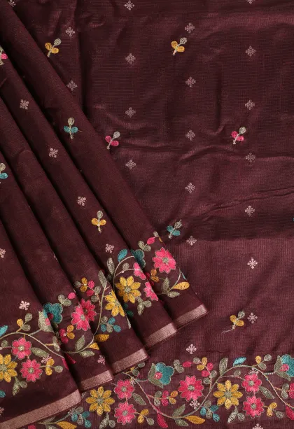 Sangria Red Manipuri Cotton Sarees with Thread Zari Buttis (small Dots Or Motifs)