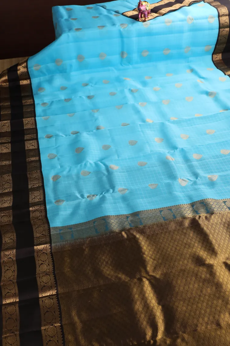 Sky Blue Soft Silk Saree with Gold Zari Checks And Puttas view 2