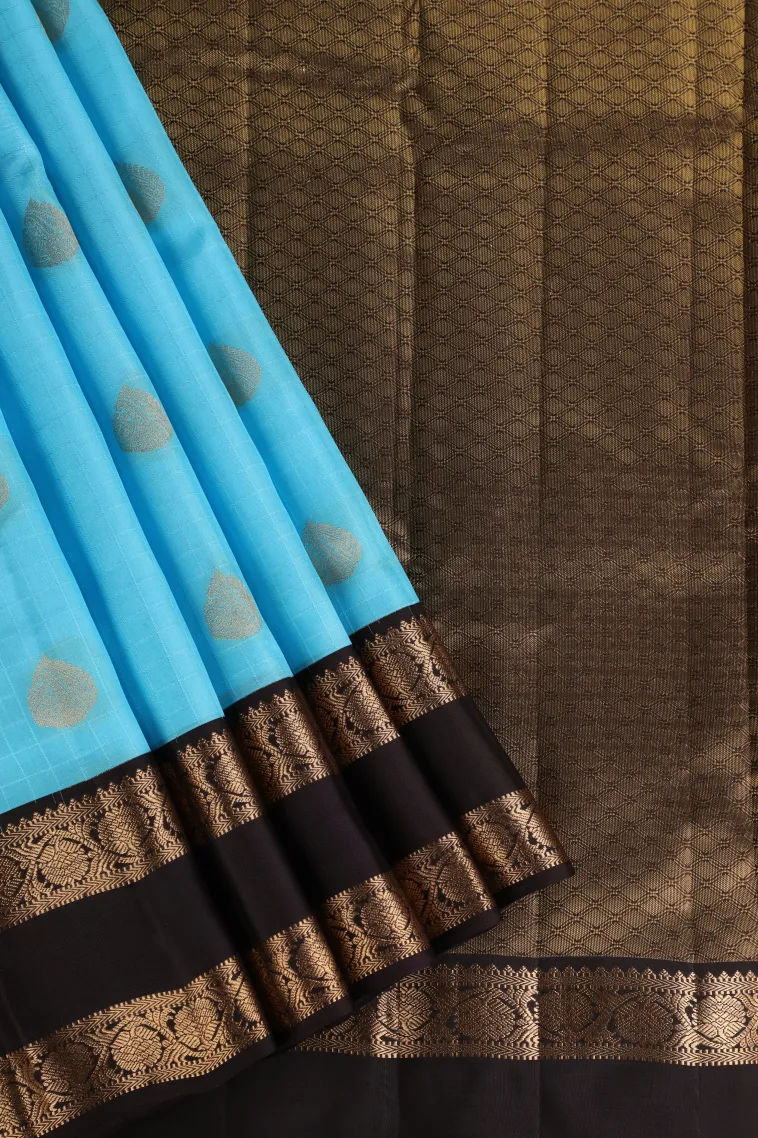 Sky Blue Soft Silk Saree with Gold Zari Checks And Puttas