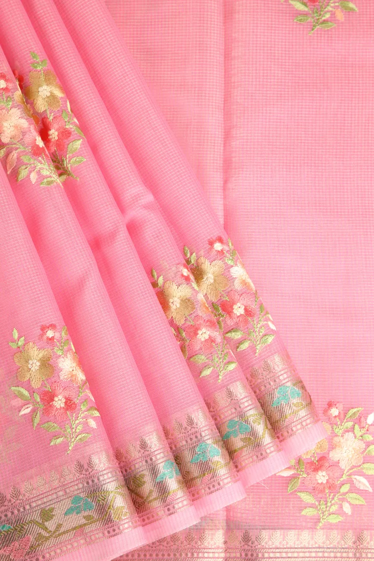Rose Pink Manipuri Cotton Sarees with Gold Zari Flower Mottif