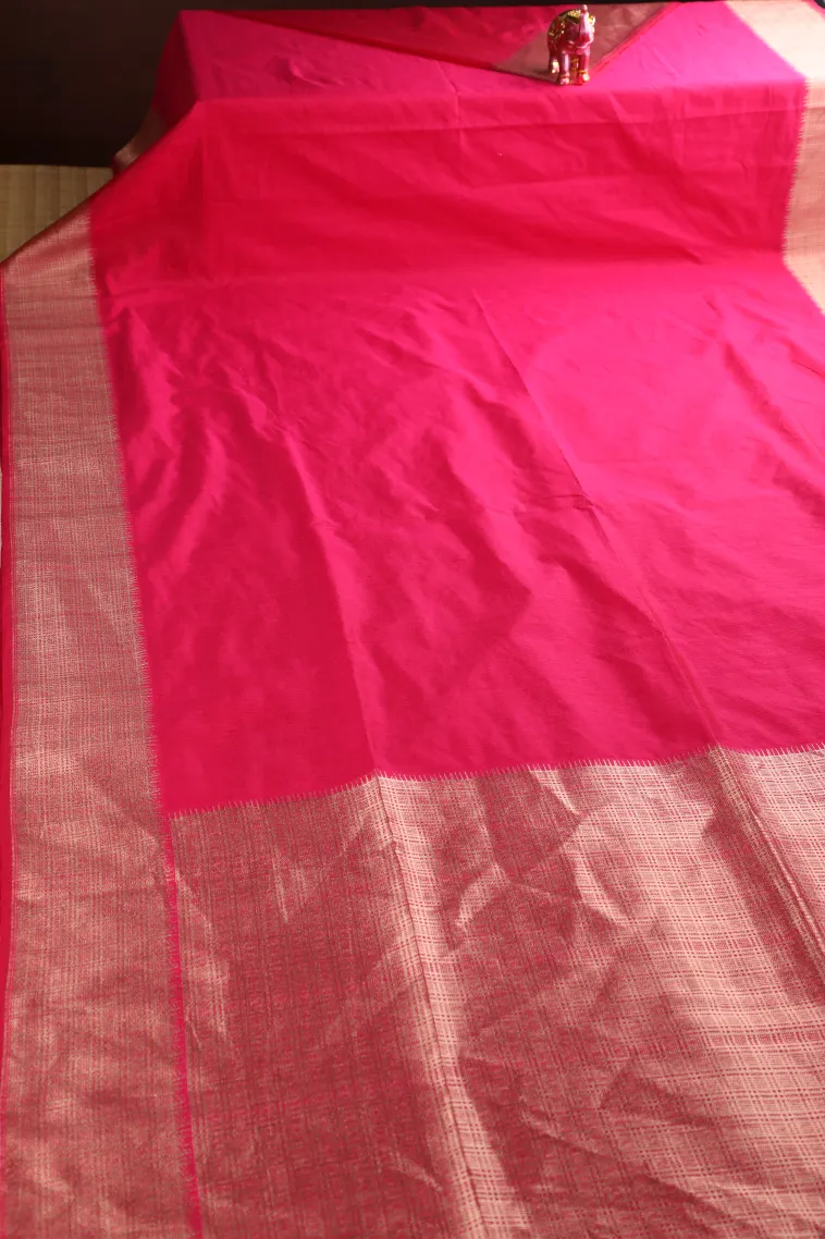Punch Pink Semi Tussar Silk with Gold Zari Plain view 2