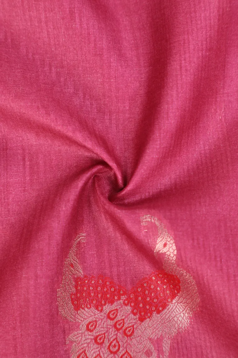 Bubblegum Pink Semi Tussar Silk with Bronze Zari Peacock Motifs view 4