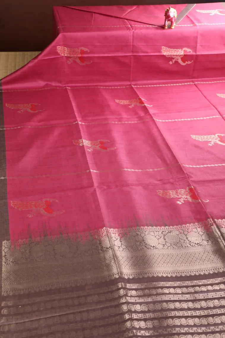 Bubblegum Pink Semi Tussar Silk with Bronze Zari Peacock Motifs view 2