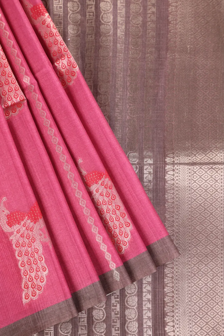 Bubblegum Pink Semi Tussar Silk with Bronze Zari Peacock Motifs