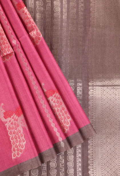 Bubblegum Pink Semi Tussar Silk with Bronze Zari Peacock Motifs