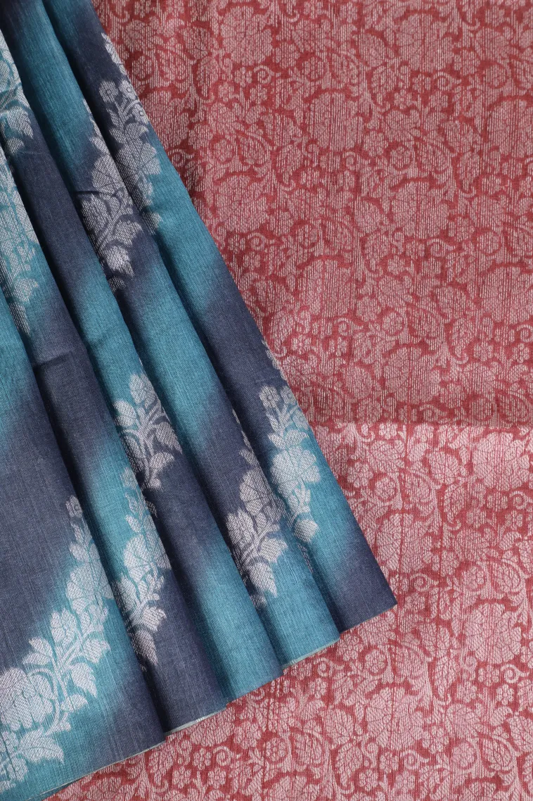Sky Blue Tussar Saree with Bronze Zari Cross Stripes
