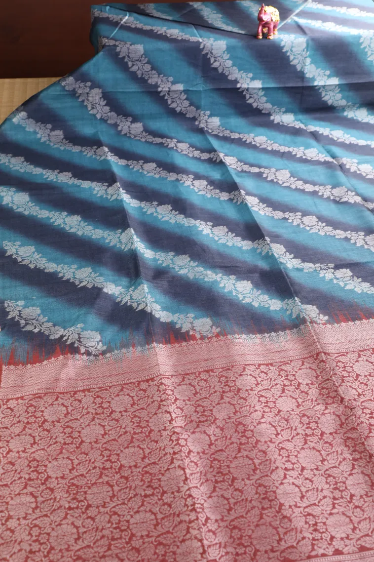 Sky Blue Tussar Saree with Bronze Zari Cross Stripes view 2