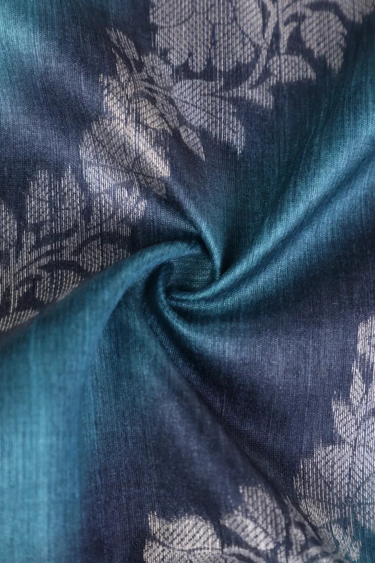 Sky Blue Tussar Saree with Bronze Zari Cross Stripes view 4