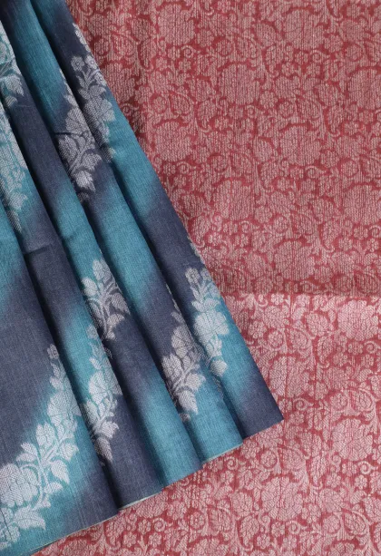 Sky Blue Tussar Saree with Bronze Zari Cross Stripes