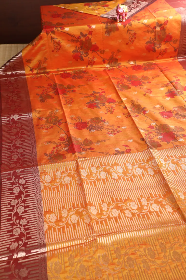 Carrot Orange Semi Tussar Silk with Bronze Zari Floral Patterns view 2