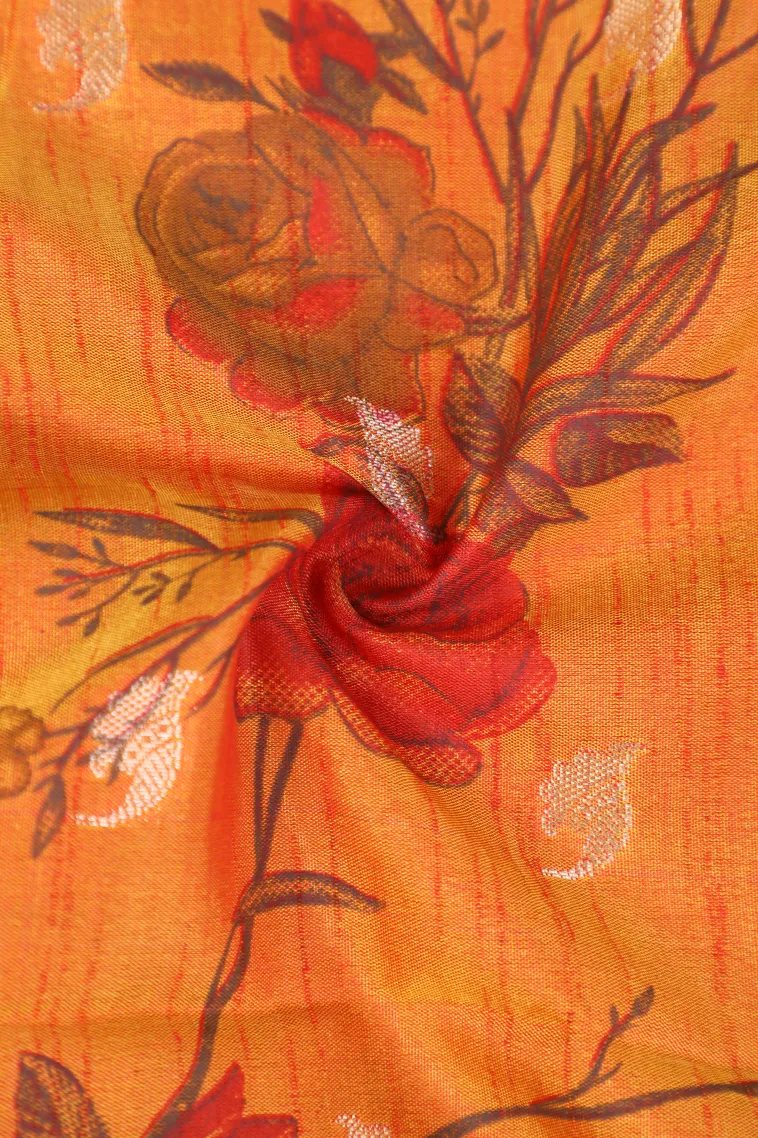 Carrot Orange Semi Tussar Silk with Bronze Zari Floral Patterns view 4