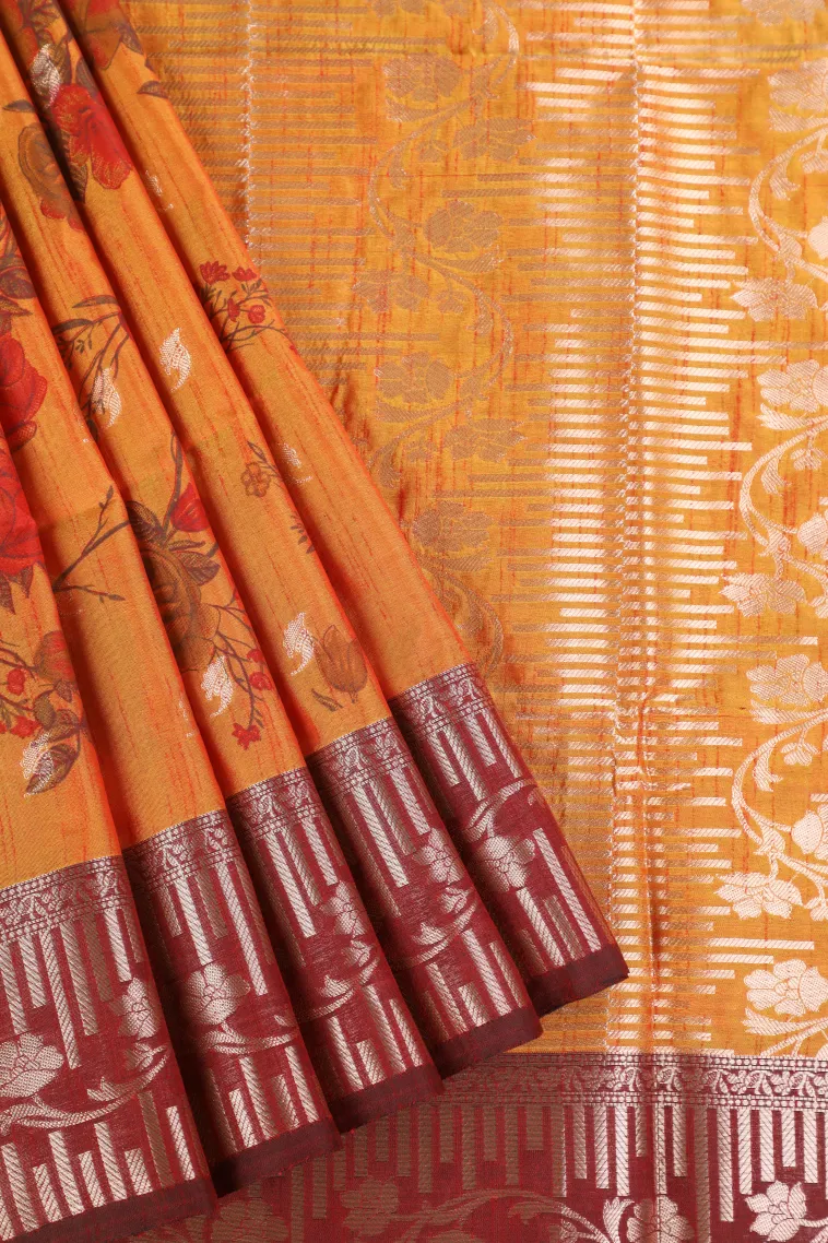 Carrot Orange Semi Tussar Silk with Bronze Zari Floral Patterns view 1