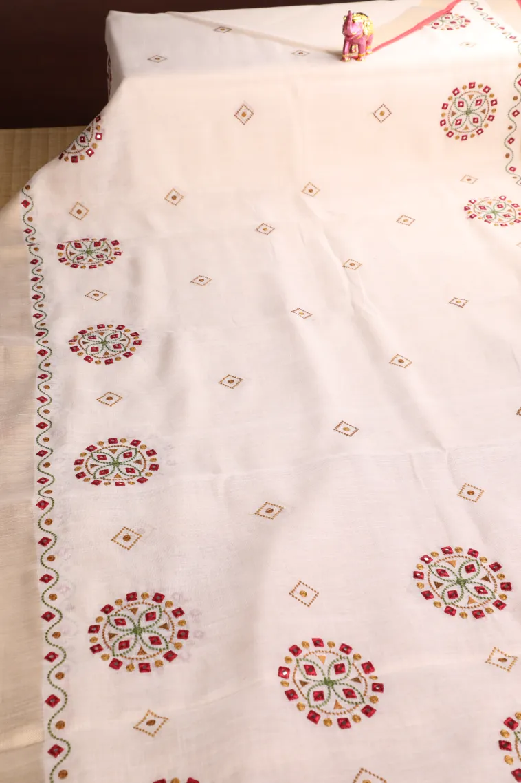 Cotton White Tissue Silk Sarees with Gold Zari Geometric Shapes view 2