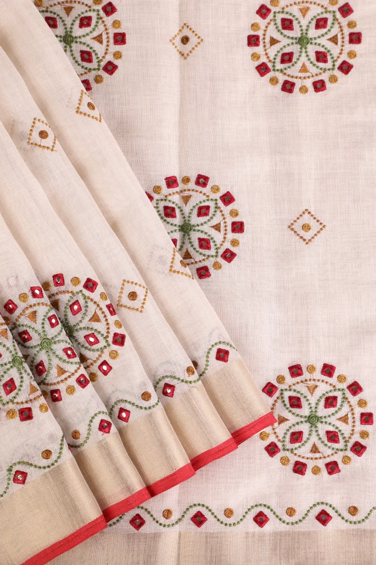 Cotton White Tissue Silk Sarees with Gold Zari Geometric Shapes view 1