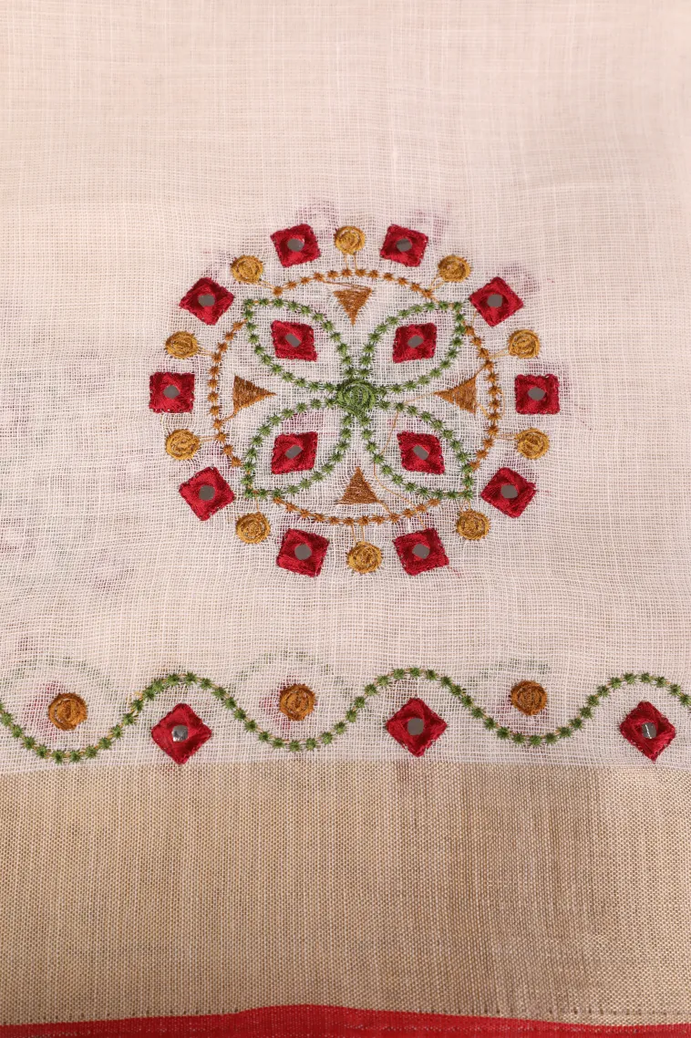 Cotton White Tissue Silk Sarees with Gold Zari Geometric Shapes view 3