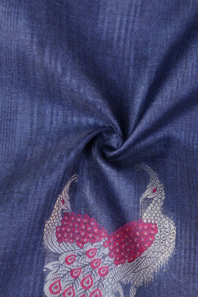 Berry Blue Semi Tussar Silk with Bronze Zari Peacock Motifs view 4