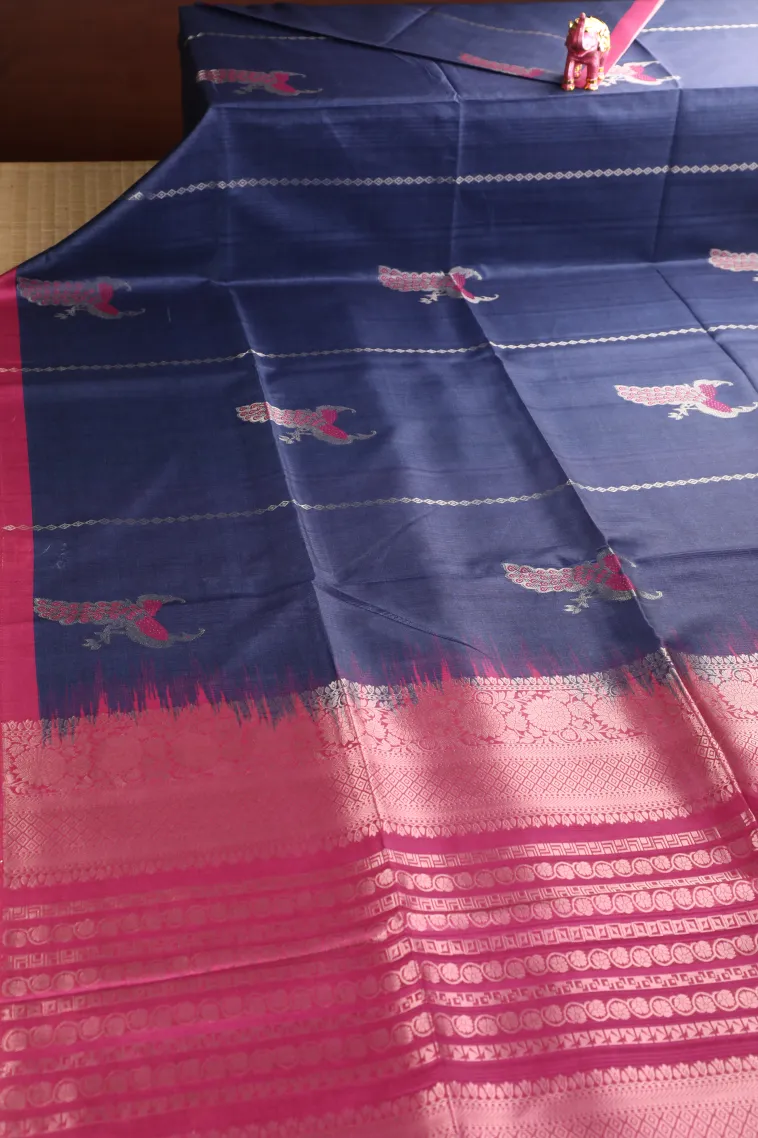 Berry Blue Semi Tussar Silk with Bronze Zari Peacock Motifs view 2