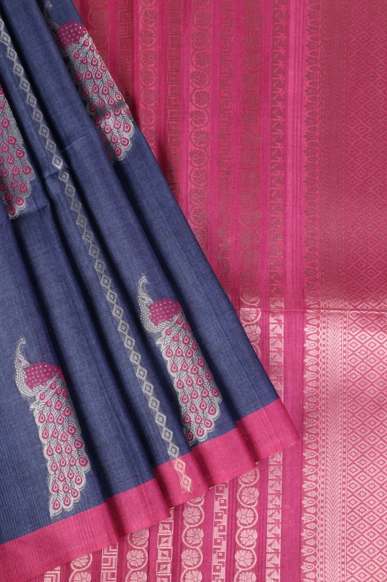 Berry Blue Semi Tussar Silk with Bronze Zari Peacock Motifs