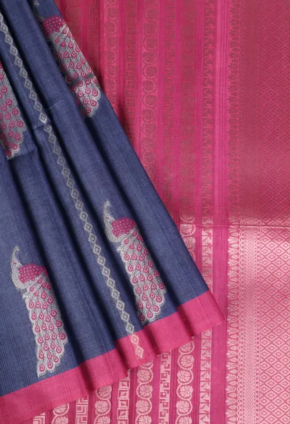 Berry Blue Semi Tussar Silk with Bronze Zari Peacock Motifs