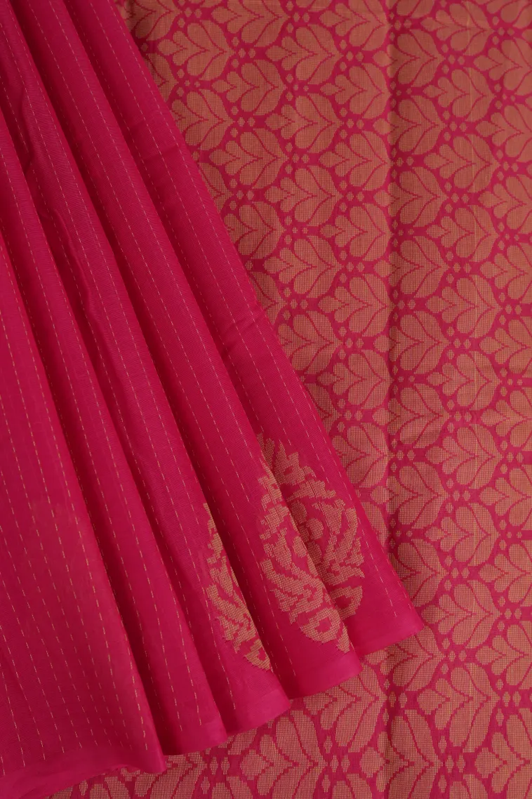 Fuscia Pink Kanchi Cotton Sarees with Gold Zari Stripes And Puttas