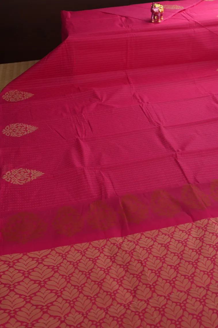 Fuscia Pink Kanchi Cotton Sarees with Gold Zari Stripes And Puttas view 2