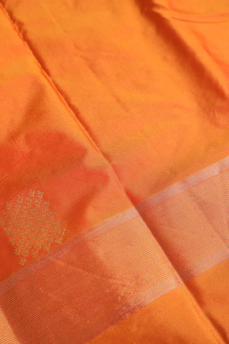 Carrot Orange Arani Silk Sarees with Silver Zari Buttis (small Dots Or Motifs) view 3