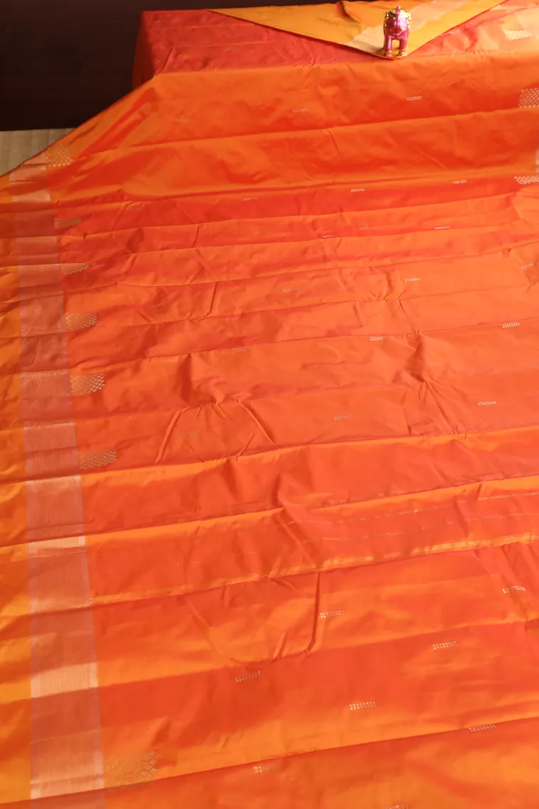 Carrot Orange Arani Silk Sarees with Silver Zari Buttis (small Dots Or Motifs) view 2