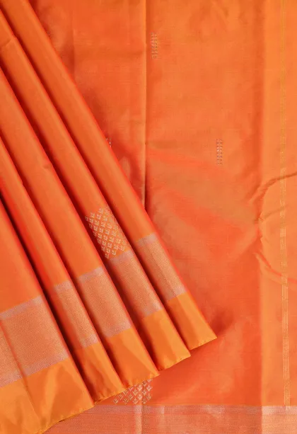 Carrot Orange Arani Silk Sarees with Silver Zari Buttis (small Dots Or Motifs)