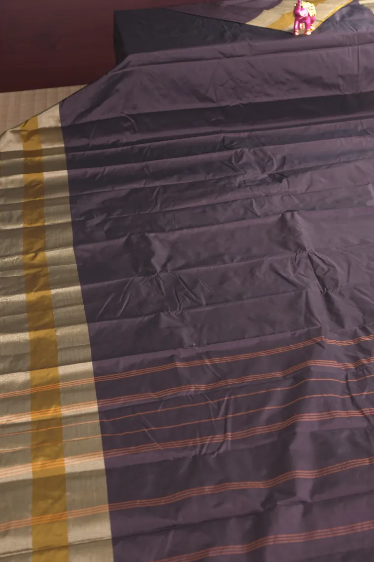 Rasin Purple Arani Silk Sarees with Gold Zari Cross Stripes view 2