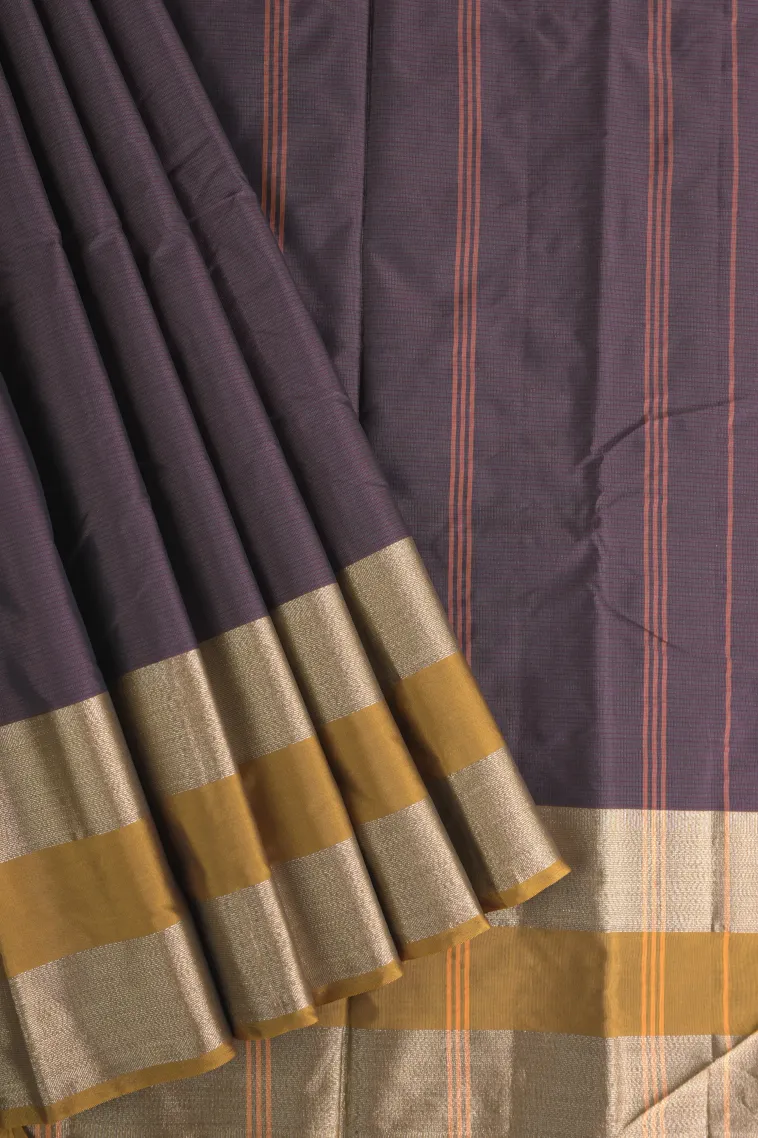 Rasin Purple Arani Silk Sarees with Gold Zari Cross Stripes view 1