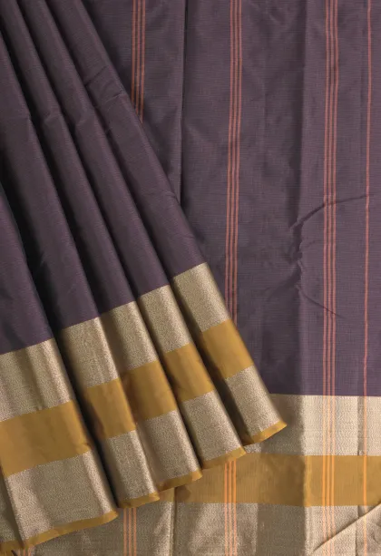 Rasin Purple Arani Silk Sarees with Gold Zari Cross Stripes