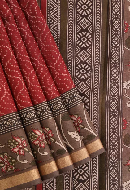 Apple Red Chanderi Cotton Sarees Without Zari With Pathik Motifs