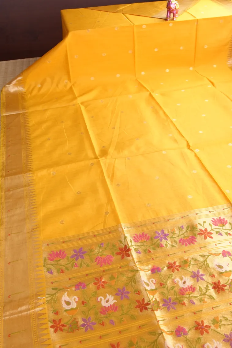 Lemon Yellow Semi Tussar Silk with Gold Zari Buttis (small Dots Or Motifs) view 2