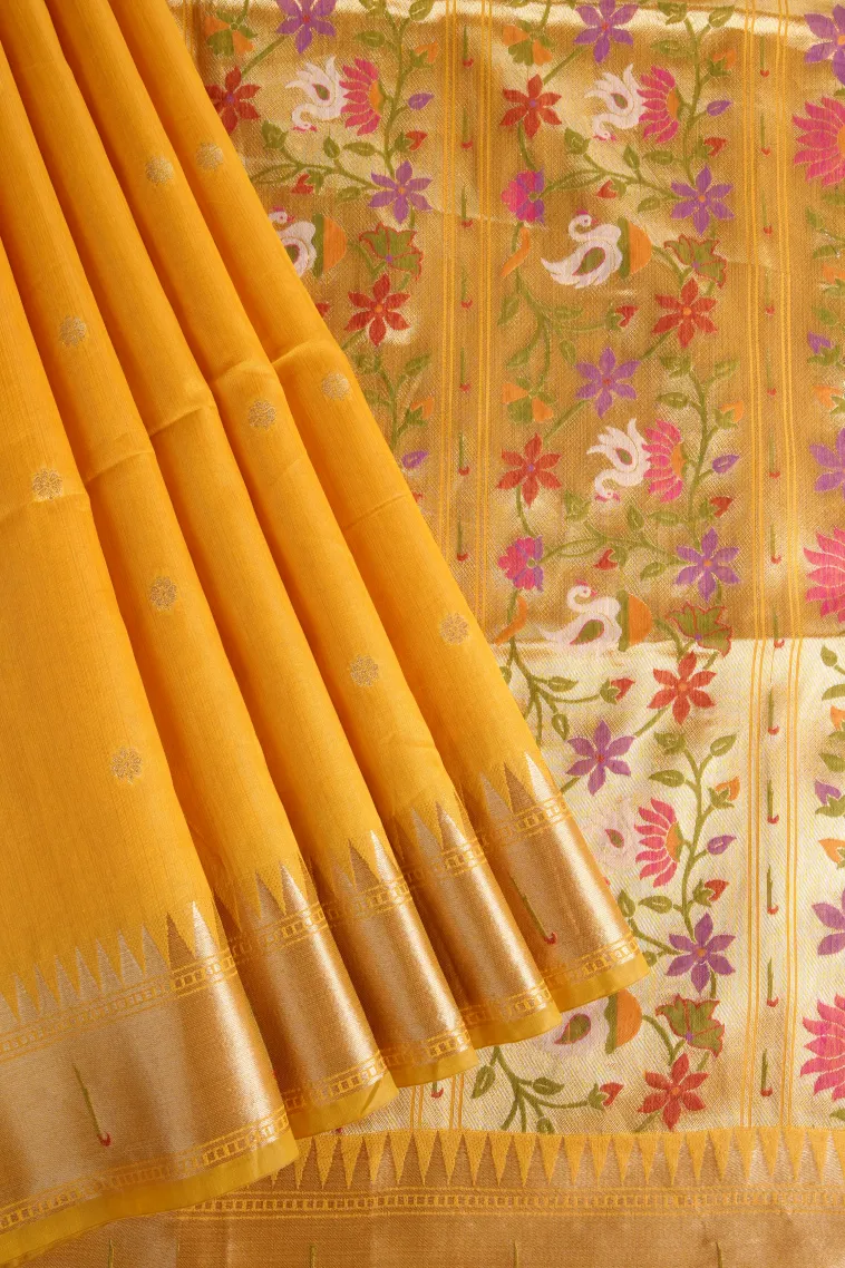 Lemon Yellow Semi Tussar Silk with Gold Zari Buttis (small Dots Or Motifs)