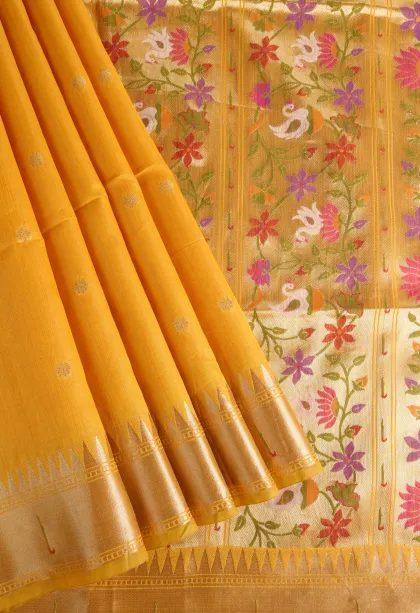 Lemon Yellow Semi Tussar Silk with Gold Zari Buttis (small Dots Or Motifs)