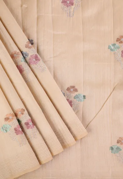 Vanilla Custard Yellow Raw Silk Sarees with Thread Zari Flower Mottif