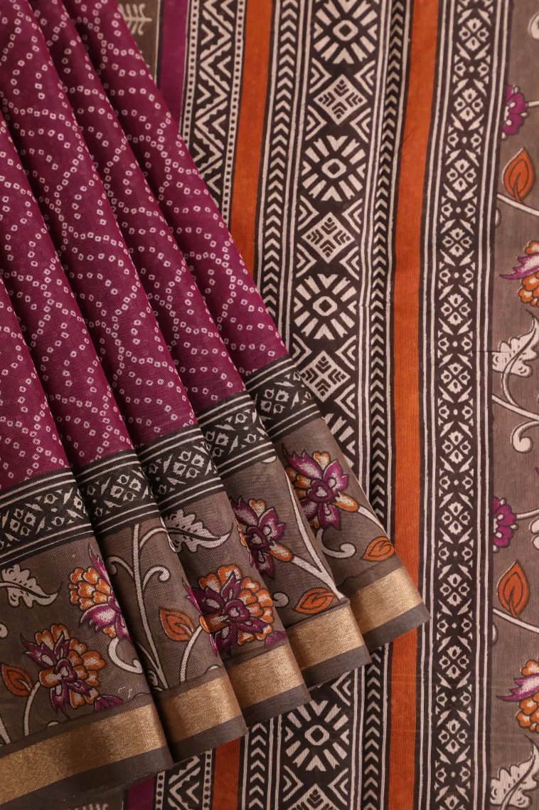 Magenta Purple Chanderi Cotton Sarees Without Zari With Pathik Motifs view 1