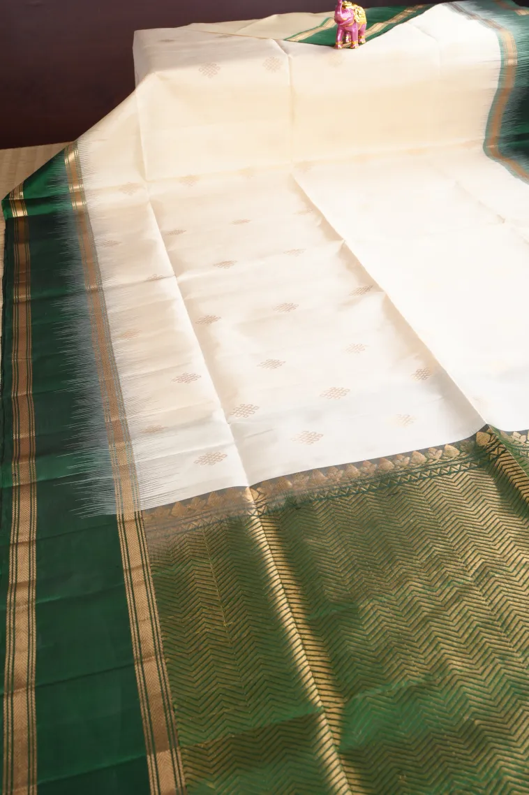 Cotton White Soft Silk Saree with Gold Zari Rangoli Pattren view 2