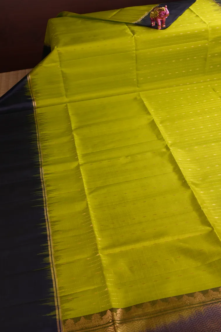 Lime Green Soft Silk Saree with Gold Zari Stripes view 2