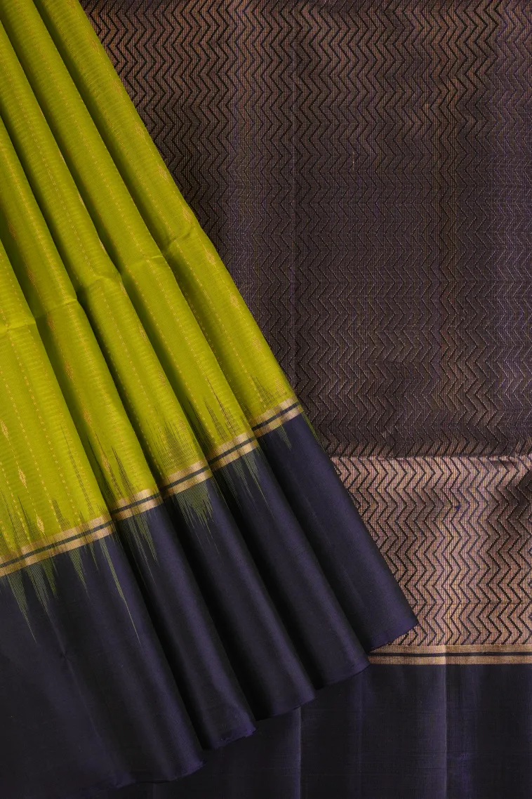 Lime Green Soft Silk Saree with Gold Zari Stripes view 1