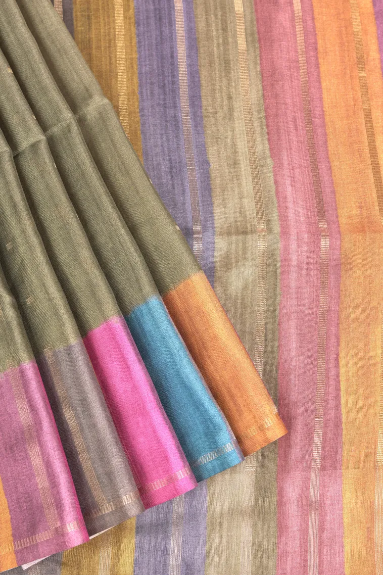 Sage Green Tussar Saree with Gold Zari Buttis (small Dots Or Motifs)