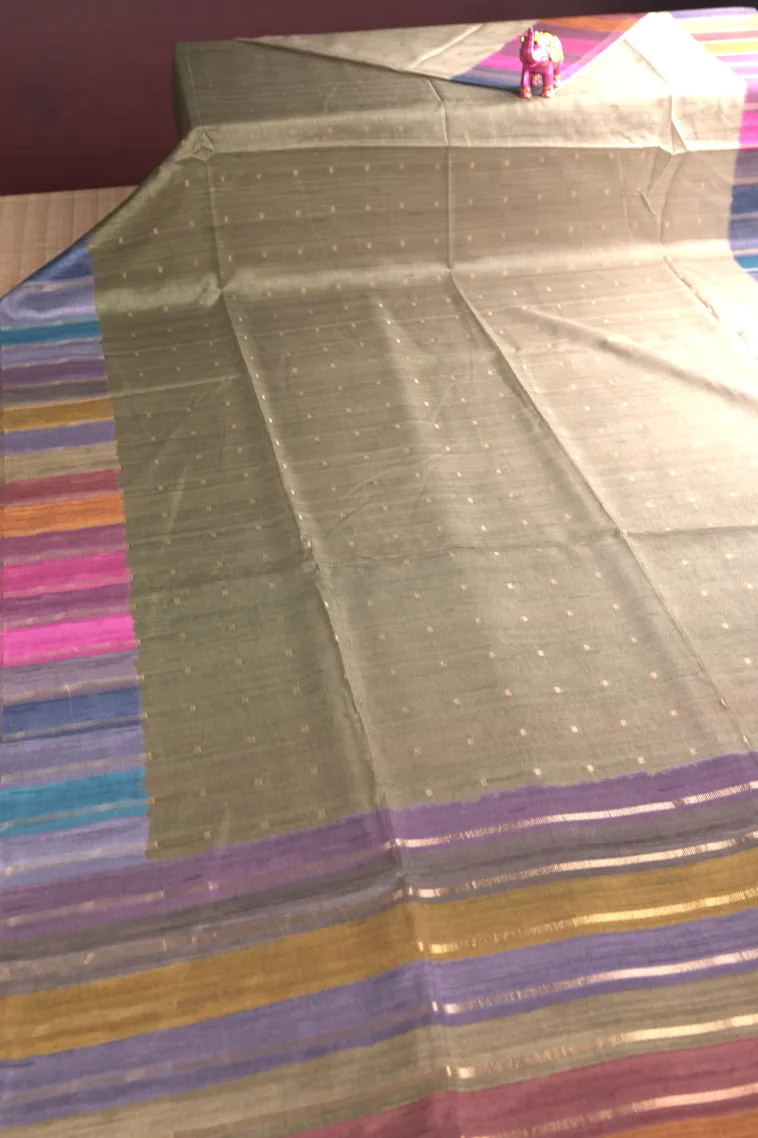 Sage Green Tussar Saree with Gold Zari Buttis (small Dots Or Motifs) view 2