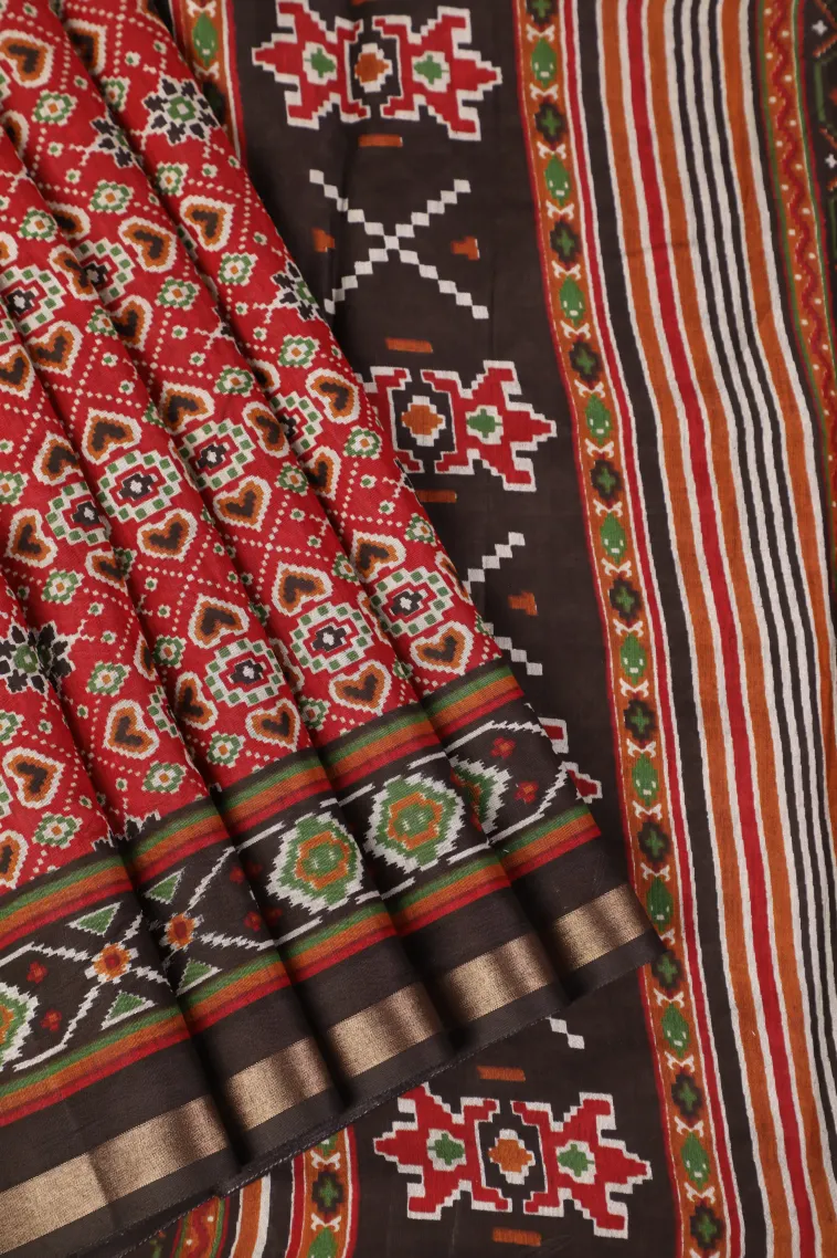 Candy Red Chanderi Cotton Sarees with Gold Zari Geometric Shapes