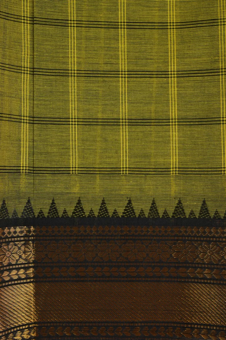 Lime Green Chettinad Cotton Sarees with Gold Zari Checks And Puttas view 3
